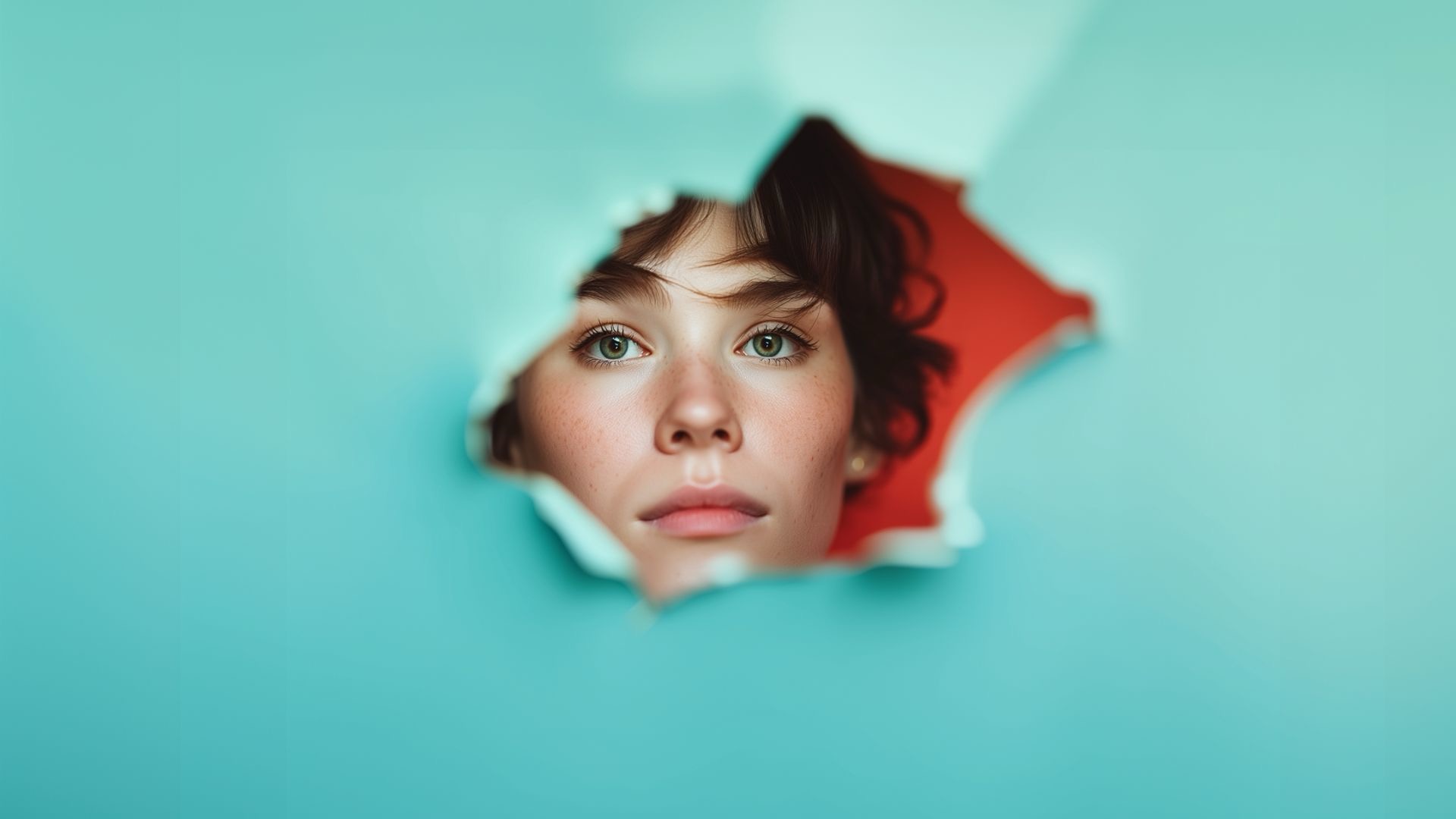 **Alt-text:** Ung person med kort mörkt hår tittar nyfiket genom ett rivet hål i ett turkost papper. Bakgrunden bakom personen är varm rödorange, vilket skapar stark kontrast. Fokus ligger på ansiktet som är centrerat i hålet, medan resten av bilden är suddig.