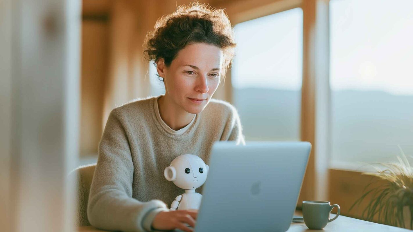 En kvinna sitter vid ett bord med en laptop, bredvid henne står en liten vit robot. Hon arbetar fokuserat i ett ljust rum med stora fönster och en kaffekopp på bordet.