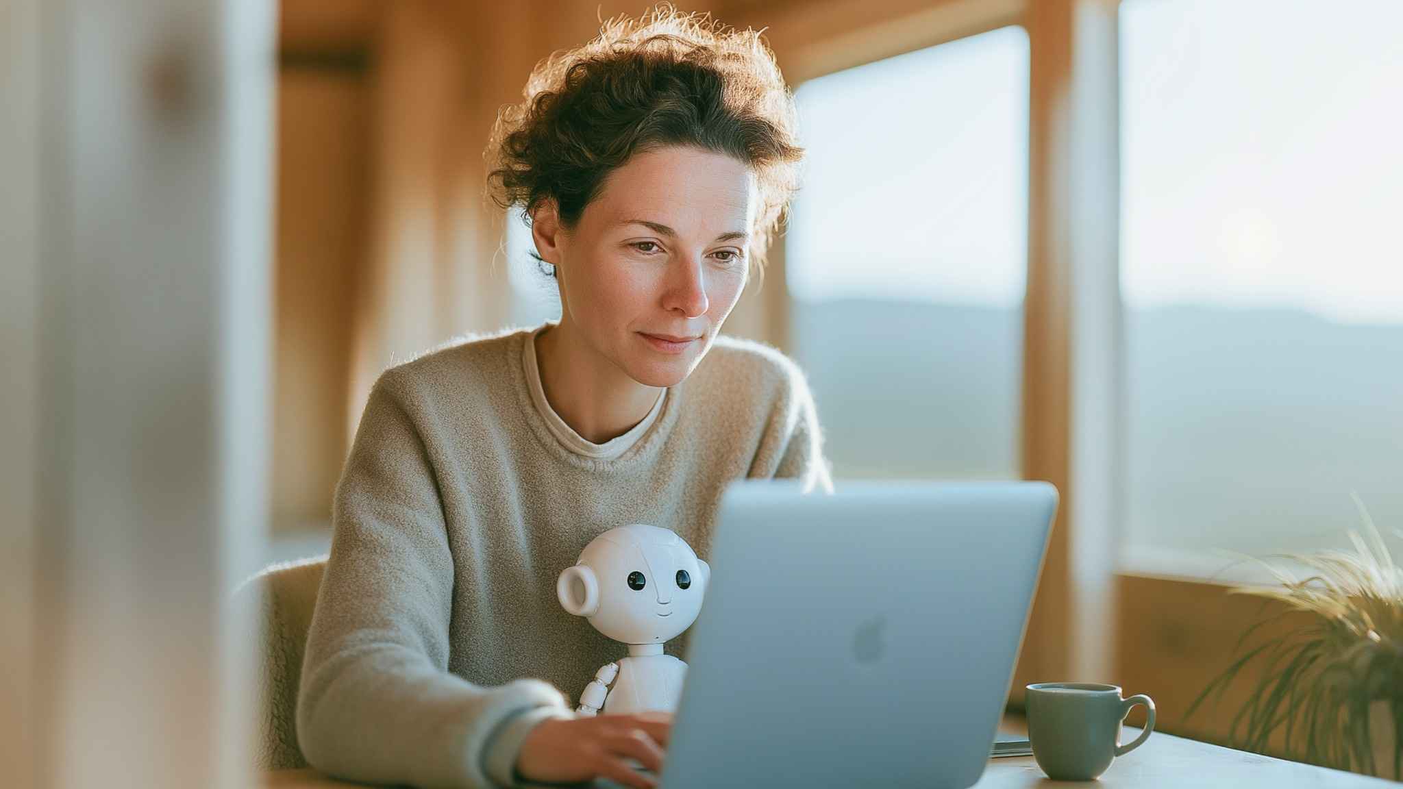 En kvinna sitter vid ett bord med en laptop, bredvid henne står en liten vit robot. Hon arbetar fokuserat i ett ljust rum med stora fönster och en kaffekopp på bordet.
