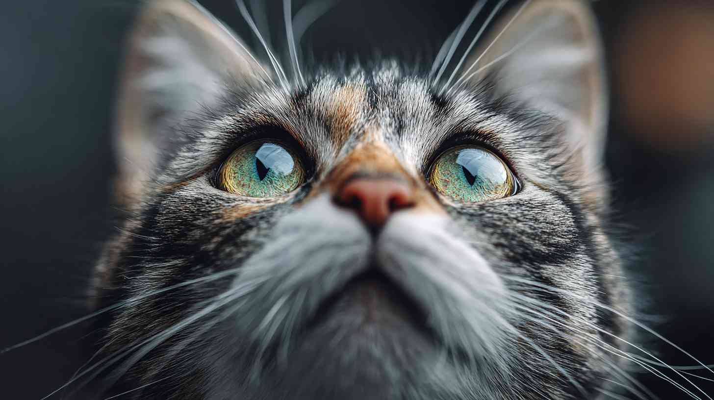 Närbild på nyfiken katt med gröna, detaljerade ögon som tittar uppåt