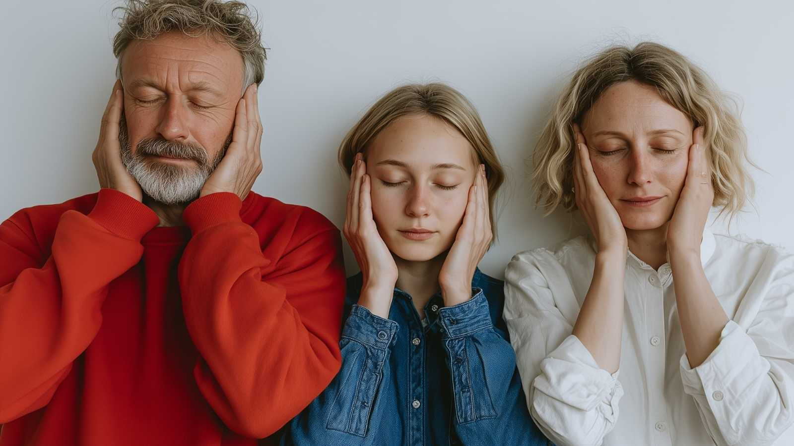 re personer står bredvid varandra med ögonen stängda och händerna för öronen, som om de försöker stänga ute ljud. En äldre man i röd tröja, en ung person i denimskjorta och en kvinna i vit skjorta