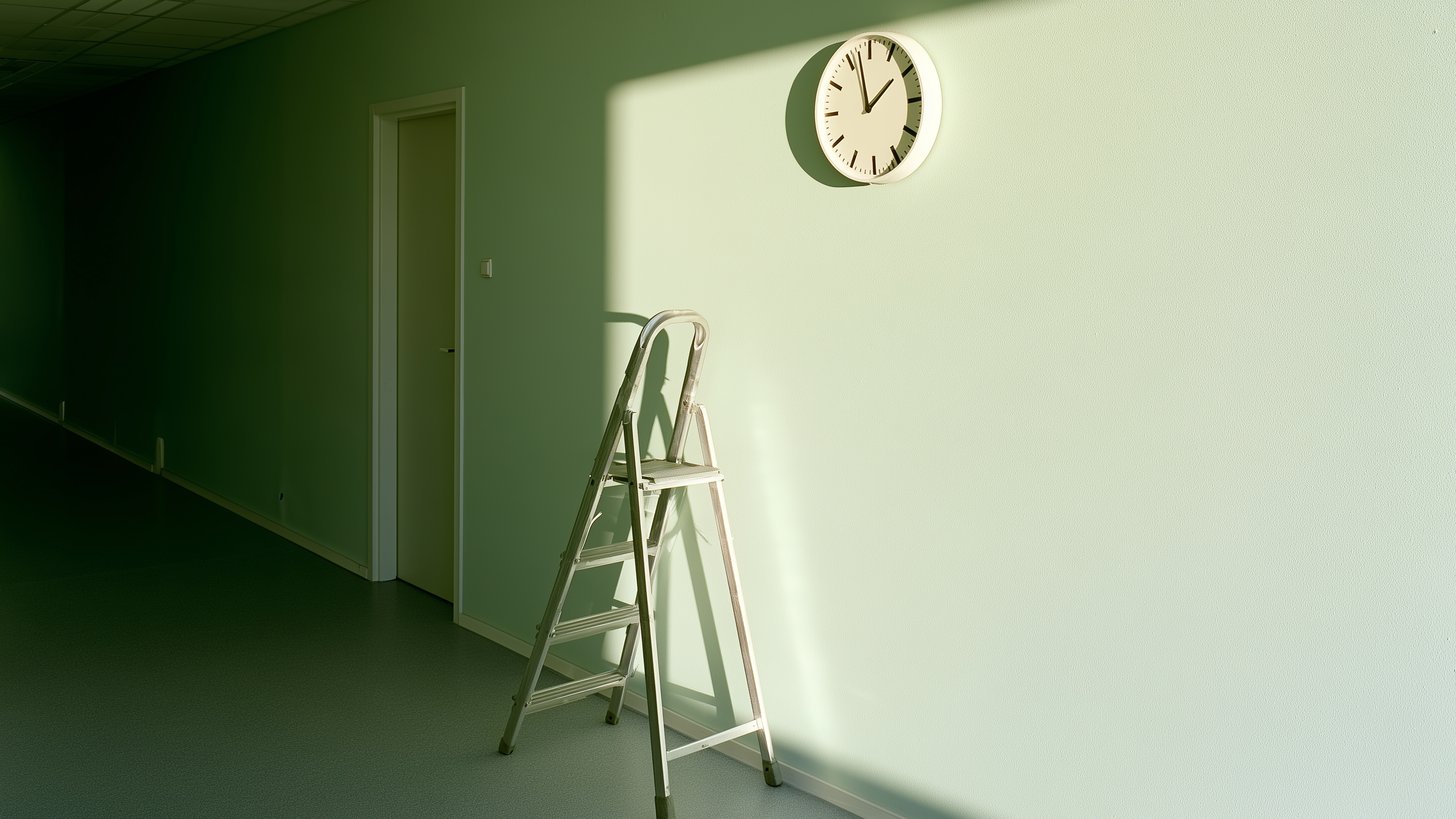 En rund vit väggklocka sitter högt på en ljusgrön vägg i en tom kontorskorridor och visar ungefär två. Under klockan står en trappstege i aluminium, och eftermiddagssolen faller snett in över väggen. Till vänster syns en stängd dörr och en lång, mörkare korridor. AI-genererad bild i Chiffers redaktionella stil.
