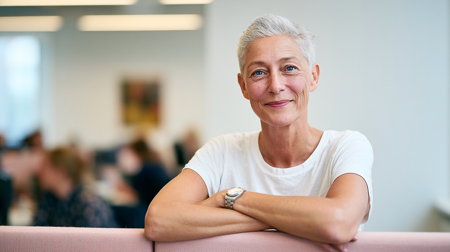 En vit kvinna i 50-årsåldern med mycket kortklippt silver-blont hår lutar sig avslappnat med armarna korsade mot en mjukt rosa kontorsbås-vägg, klädd i en klassisk vit t-shirt, ett naturligt återhållet leende riktat mot kameran, suddiga kollegor vid skrivbord i bakgrunden, modernt öppet kontorslandskap, naturligt dagsljus. AI-genererad bild i Chiffers redaktionella stil.