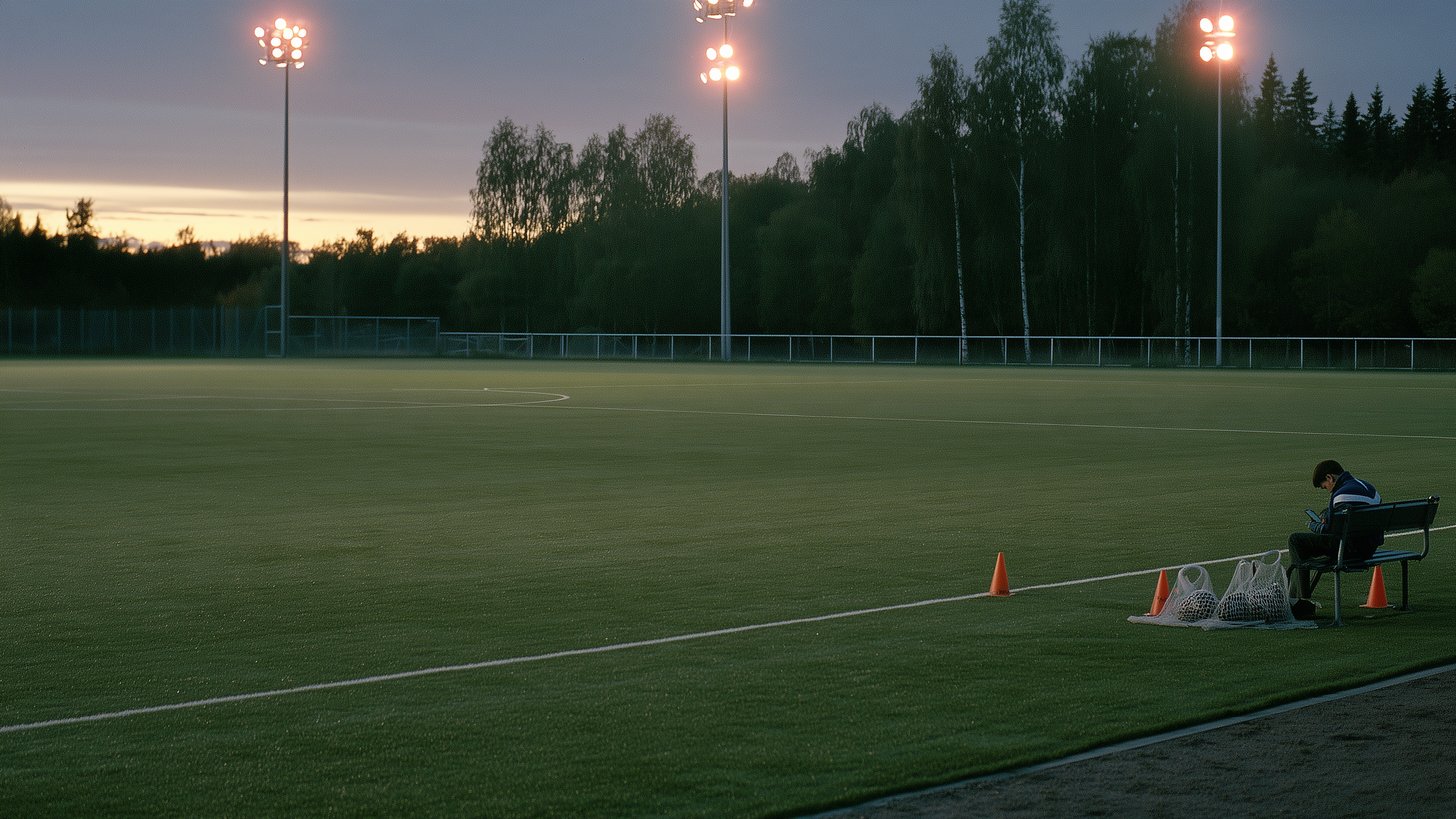 En tom konstgräsplan i skymningen med tända strålkastare, och bakom ett staket björkar och granskog. Längst bort till höger sitter en tränare ensam på en bänk vid sidlinjen och tittar ner i mobilen, med orangea koner och två nätkassar med fotbollar bredvid sig. AI-genererad bild i Chiffers redaktionella stil.