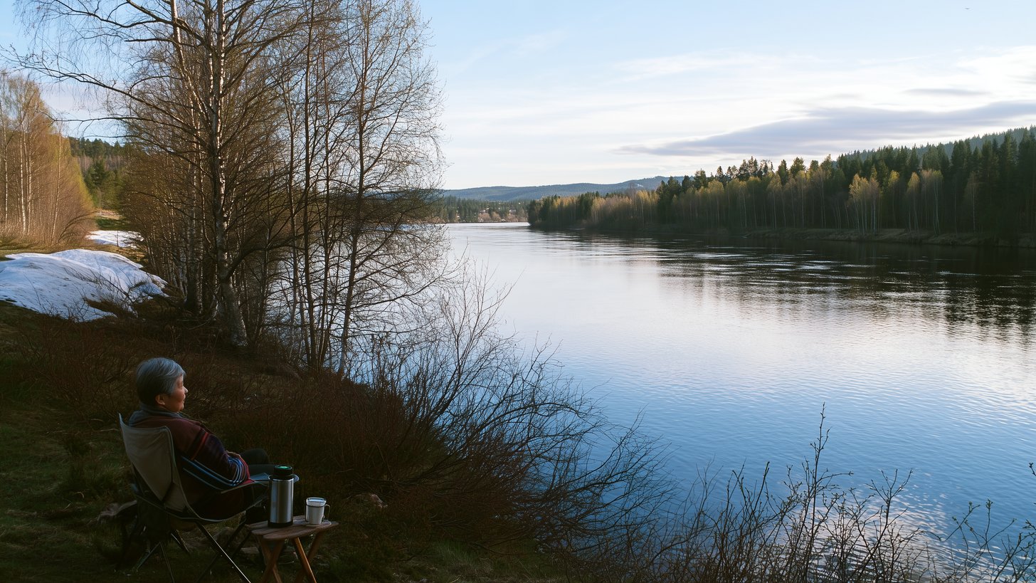 En äldre kvinna med kort grått hår sitter i en campingstol på en älvstrand en vårkväll, med en termos och en kopp på en liten pall bredvid sig. Hon tittar ut över en bred, stilla älv med kala björkar, snöfläckar och skogklädda åsar. AI-genererad bild i Chiffers redaktionella stil.