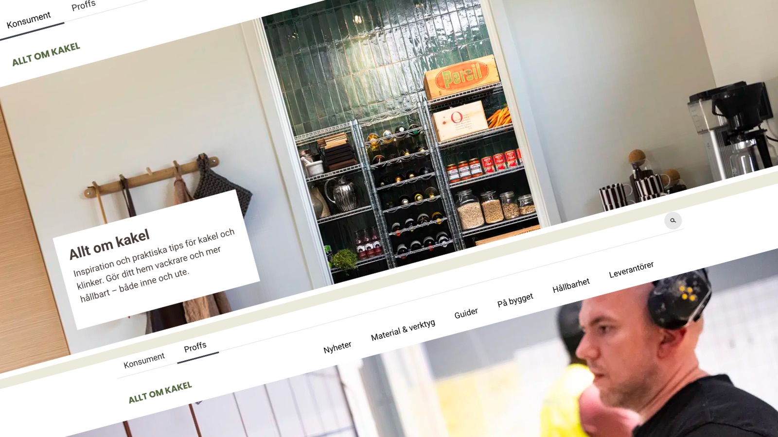 Skärmdump av alltomkakel.se i två versioner, konsumentsajt och proffssajt sida vid sida