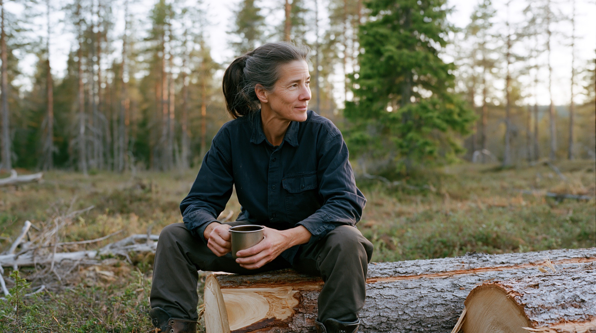 En kvinnlig skogsägare i 50-årsåldern sitter på en sågad timmer-stock med en termoskopp i händerna, blickar mjukt åt sidan, svensk granskog i bakgrunden, varmt naturligt sidoljus. AI-genererad bild i Chiffers redaktionella stil.